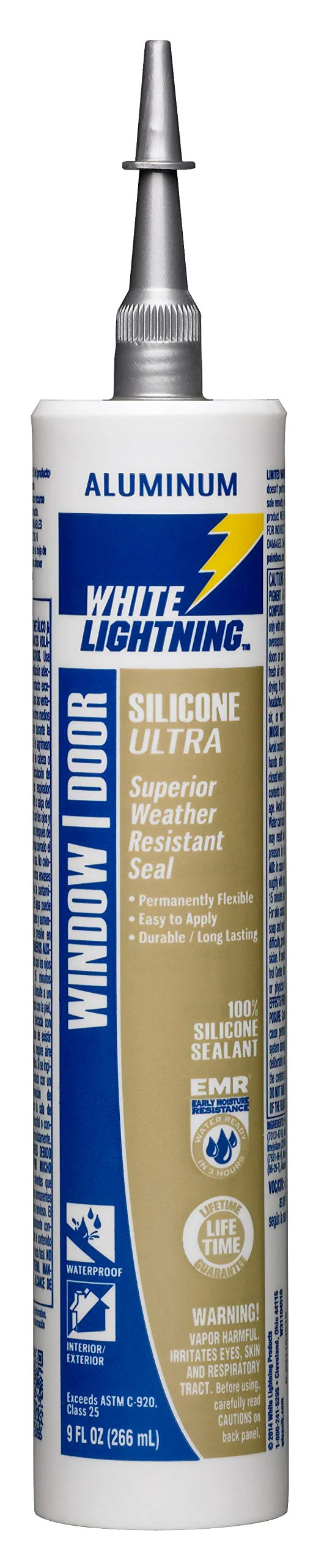 White Lightning W31104510 Silicone Ultra Window and Door Sealant, Aluminum, 10 fl. oz.