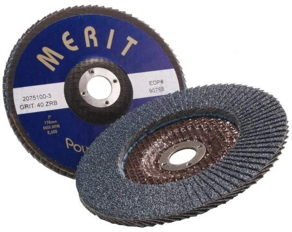 Merit Abrasives - 40 Grit, 7" Disc Diam, 7/8" Center Hole, Type 27 Zirconia Alumina Flap Disc - 8,600 Max RPM, Fiberglass Backing, Arbor Attaching System, Coated