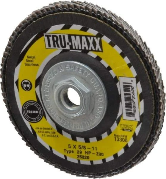 Tru-Maxx - 80 Grit, 5" Disc Diam, 5/8-11 Center Hole, Type 29 Zirconia Alumina Flap Disc - 12,200 Max RPM, Arbor Attaching System, Coated