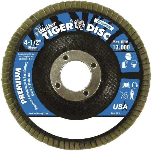 Weiler - 120 Grit, 4-1/2" Disc Diam, 7/8" Center Hole, Type 27 Zirconia Alumina Flap Disc - 13,000 Max RPM, Phenolic Backing, Arbor Attaching System, Coated