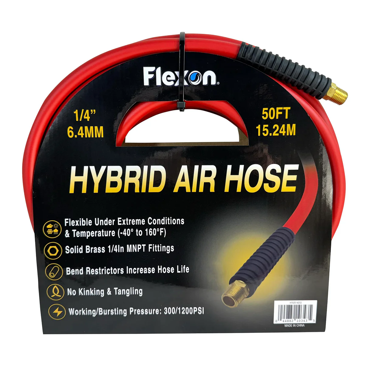 Flexon 1/4" x 50 ft Hybrid Air Hose – Flexible Polymer Construction, Solid Brass MNPT Fittings, Kink Resistant, Tangle Free, Burst Pressure 1200 PSI, Temperature Range -40°F to 160°F 50 ft 1/4 in