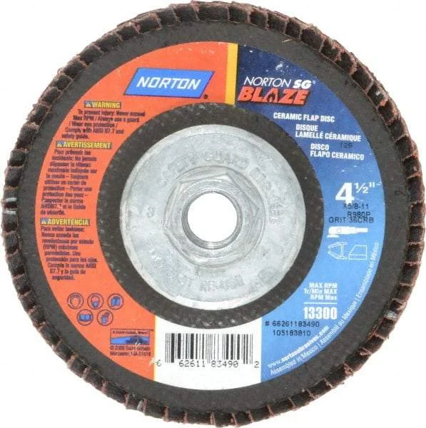 Norton - 36 Grit, 4-1/2" Disc Diam, 5/8-11 Center Hole, Type 29 Ceramic Flap Disc - 13,000 Max RPM, Fiberglass Backing, Arbor Attaching System, Coated