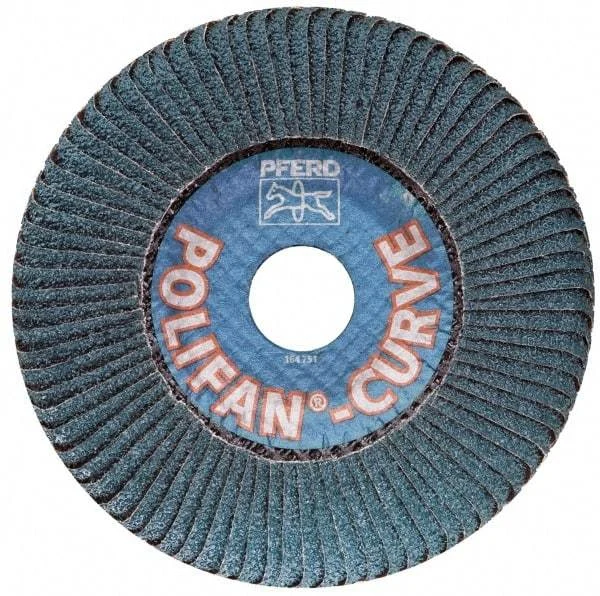 PFERD - 60 Grit, 4-1/2" Disc Diam, 5/8-11 Center Hole, Type 27 Ceramic Flap Disc - 13,300 Max RPM, Fiberglass Backing, Arbor Attaching System, Coated