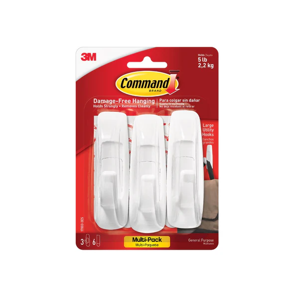 Command 17003-VP-3PK Large Utility Hook Value Pack, White, 3 Hooks & 6